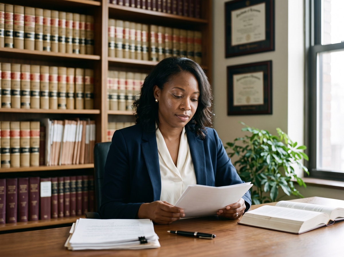 A licensed attorney reviewing a client's trust documents at her desk in a sunlit professional office.