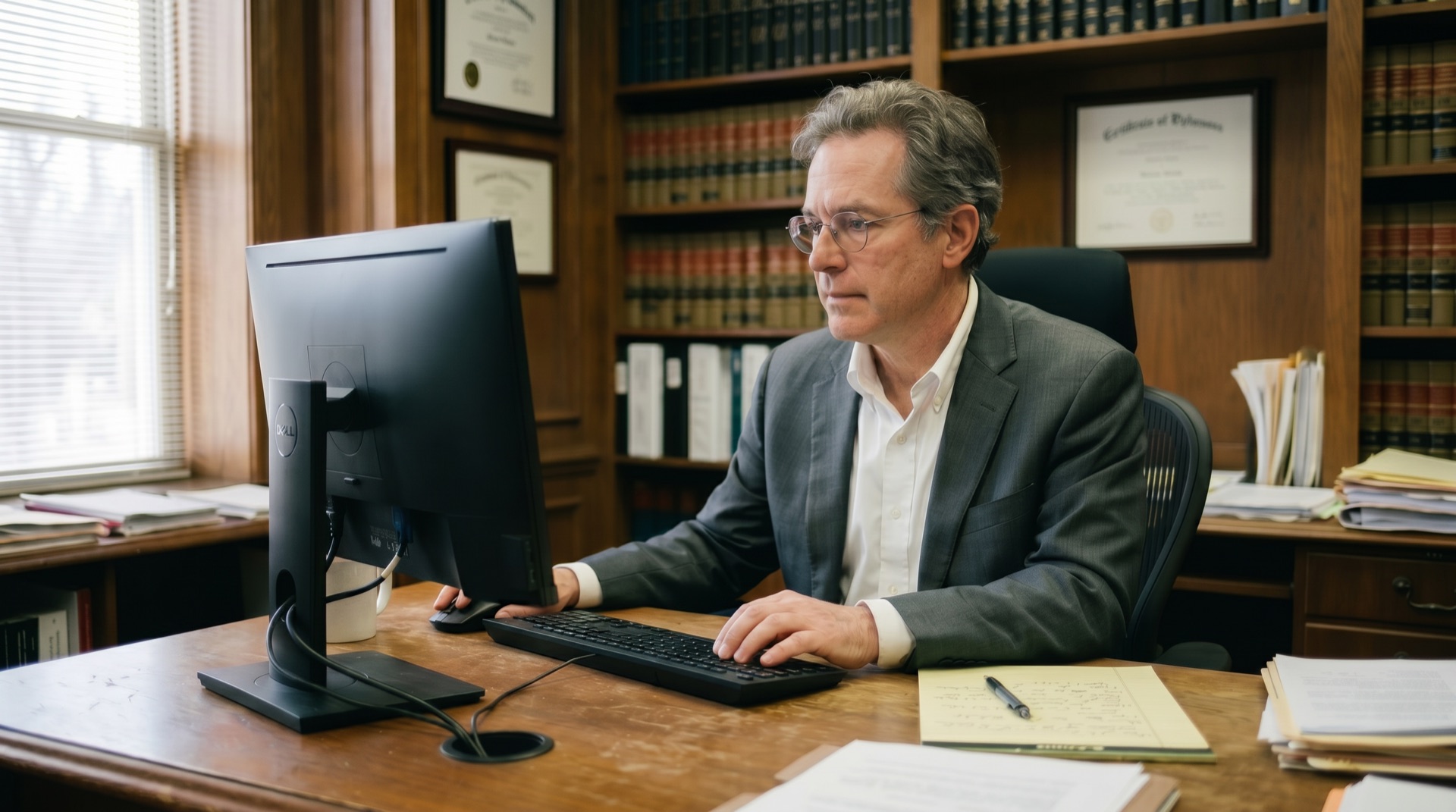 A licensed estate-planning attorney reviewing trust documents at his desk computer in a law office.
