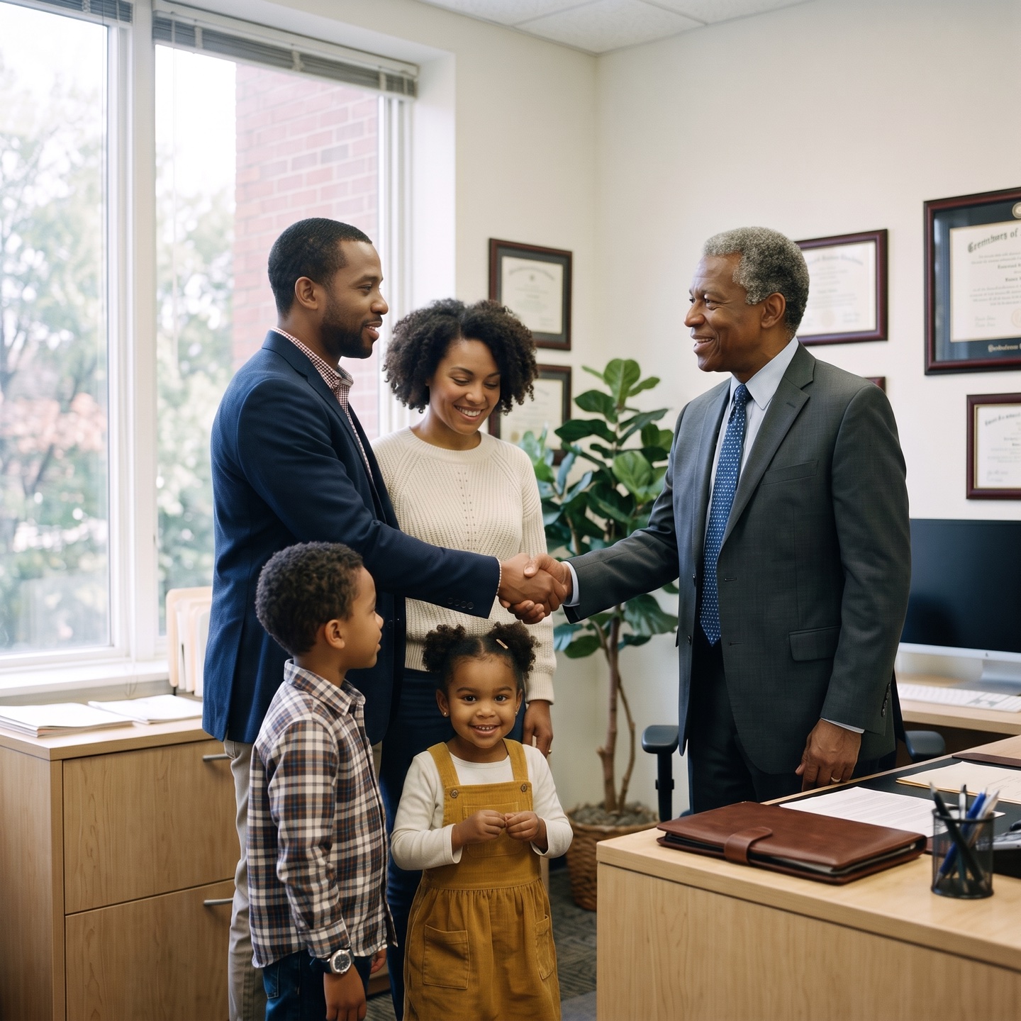 A young family shaking hands with a licensed attorney in a bright office