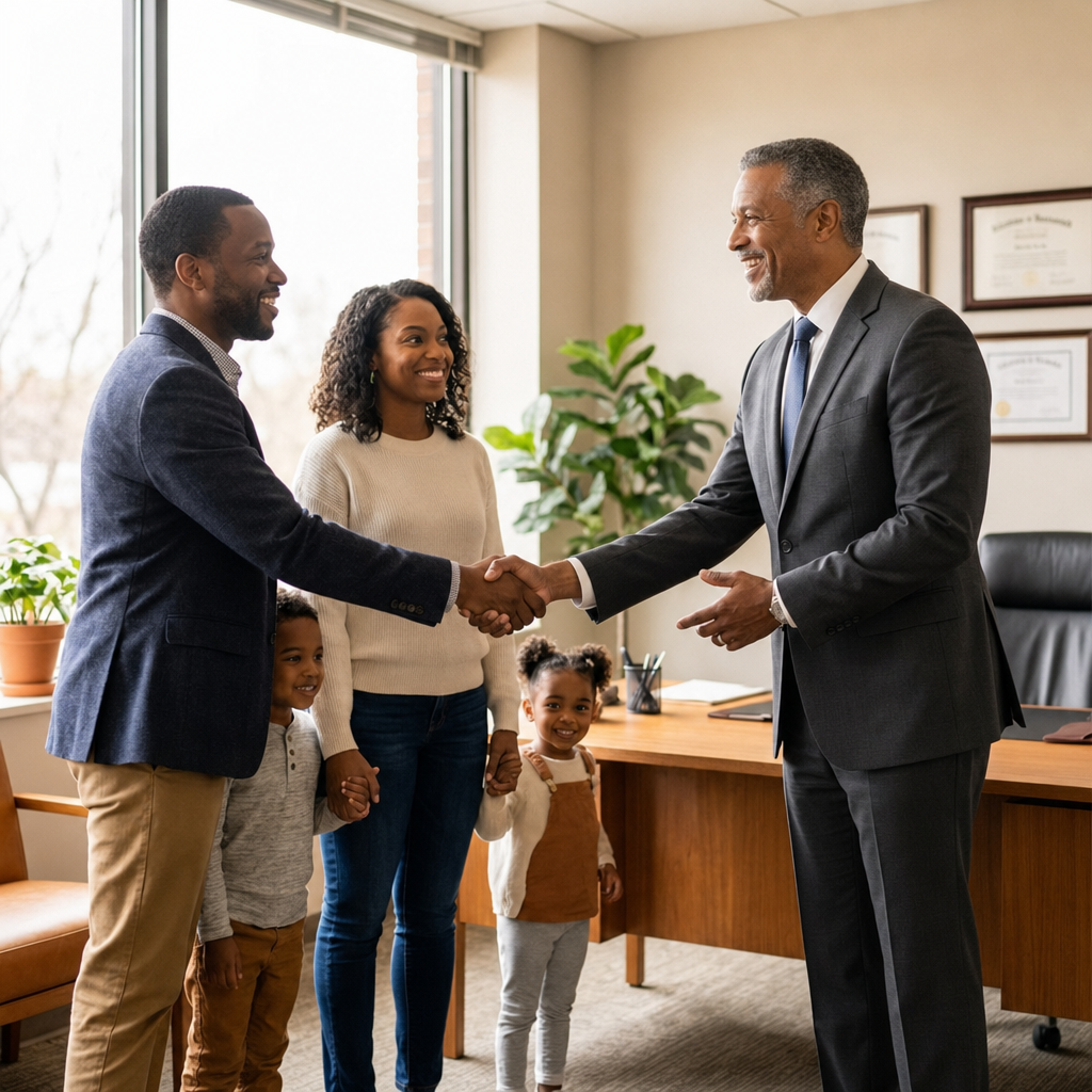 A young family shaking hands with their attorney in a bright office