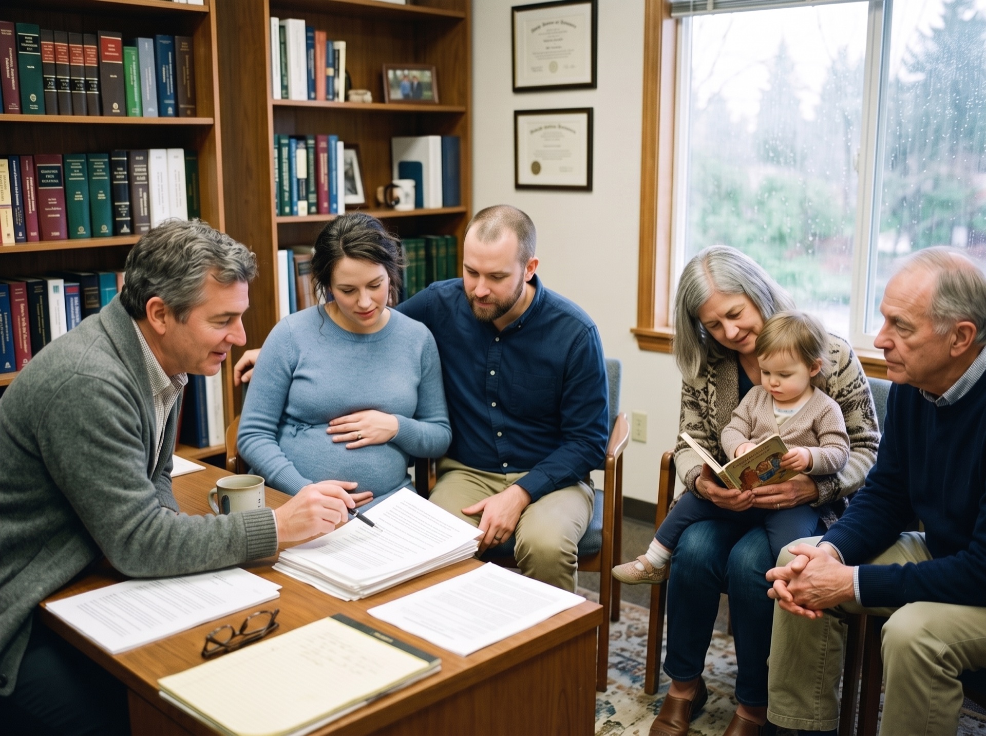 A pregnant woman and her family — husband, young child, and grandparents — meeting with their estate planning attorney in a warm professional office.