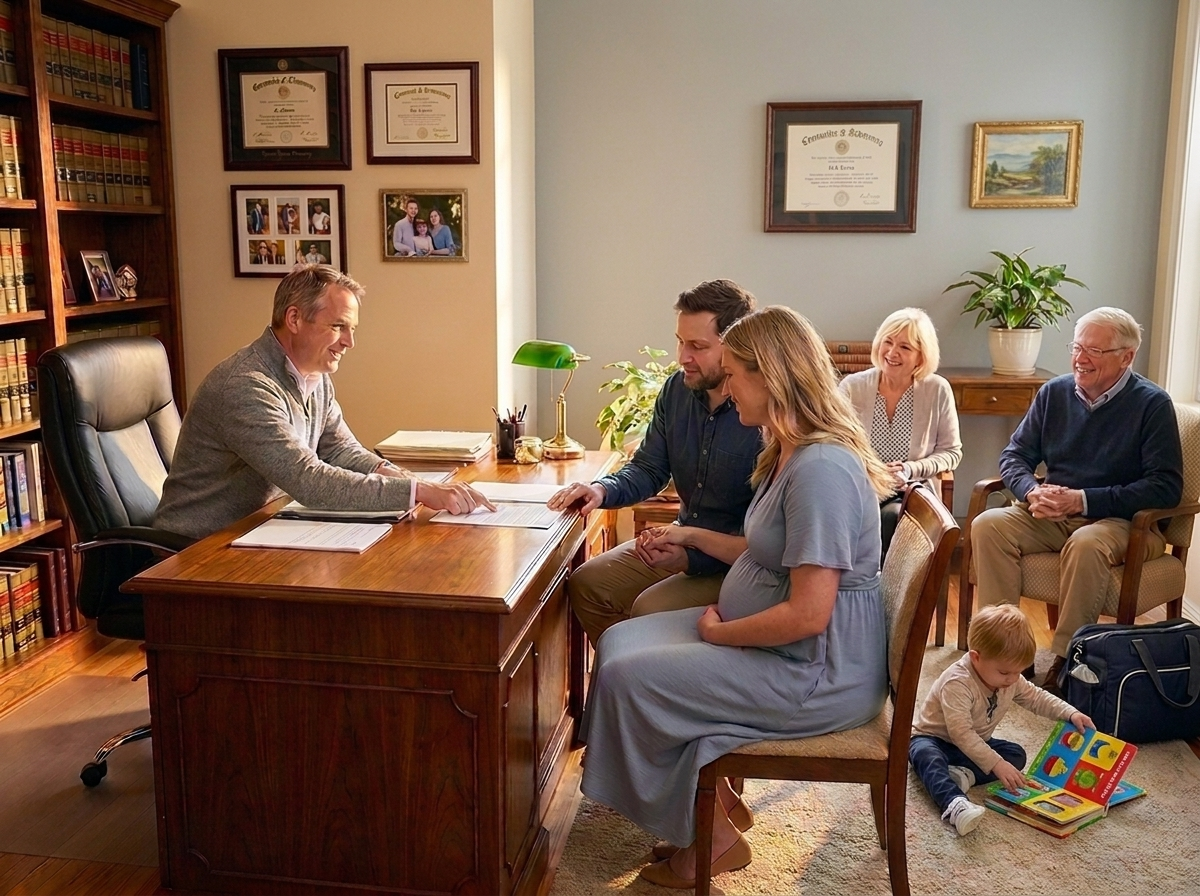 A pregnant woman and her family — husband, young child, and grandparents — meeting with their estate planning attorney in a warm professional office.